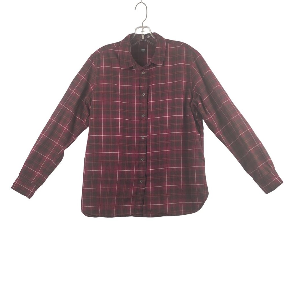 Uniqlo Shirt Womens Large Plaid Flannel Red Button Up Long Sleeve